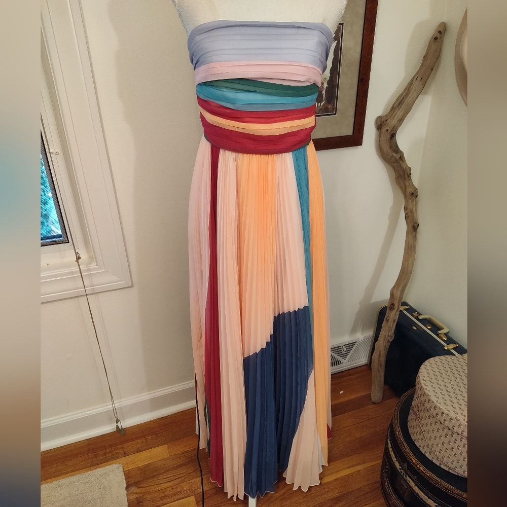 NWT SooLinen Accordion Pleated Strapless Rainbow Maxi Dress